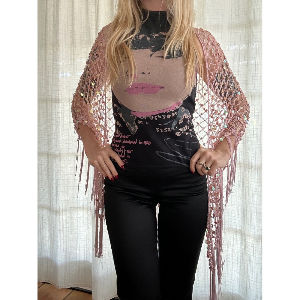 Vintage Y2K pink sequin crochet shawl